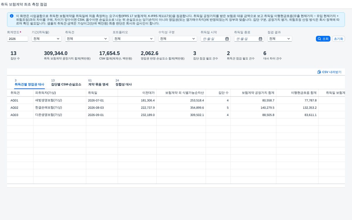 SAP 사업결합 취득 보험계약 최초 측정 점검 — IFRS 17, 취득일 공정가치와 이행현금흐름의 차이를 CSM·손실요소로 나눠 영업권까지 장부와 맞춰본다 화면