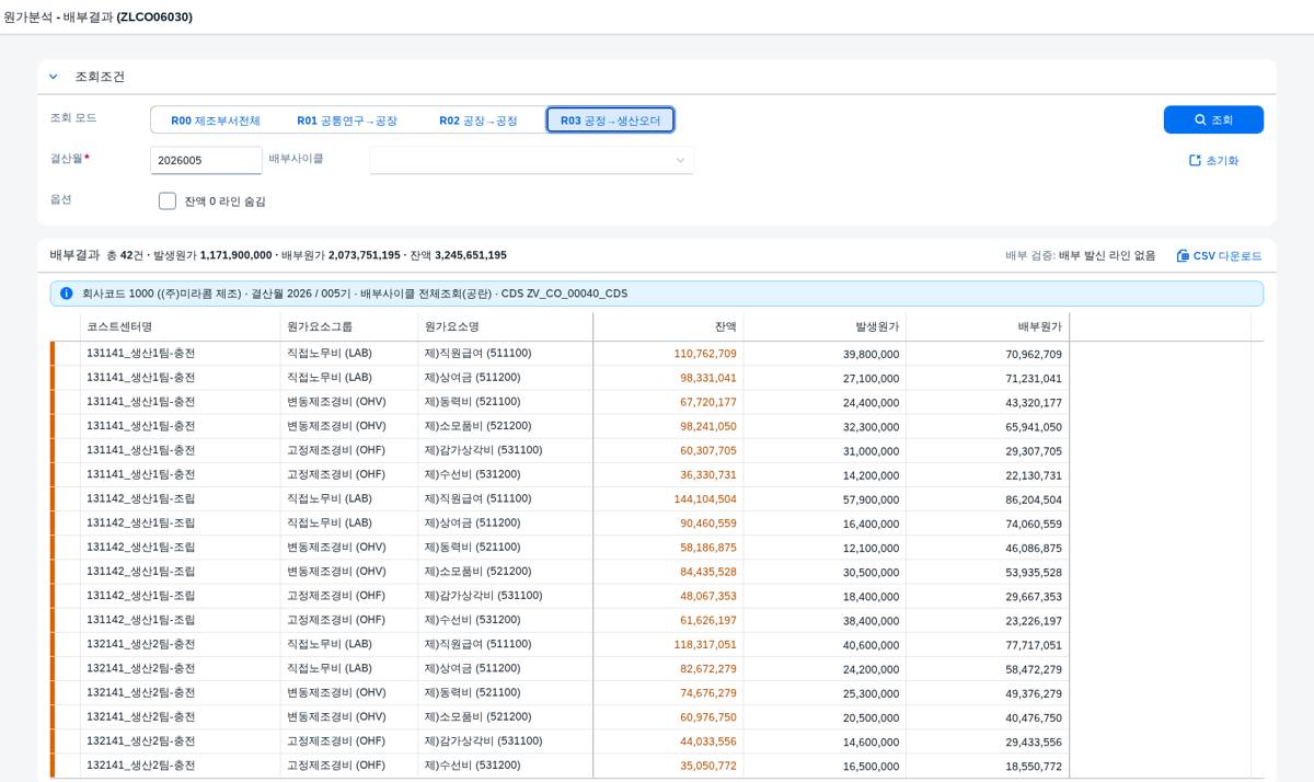 R03 공정→생산오더 — 공정 코스트센터 잔액