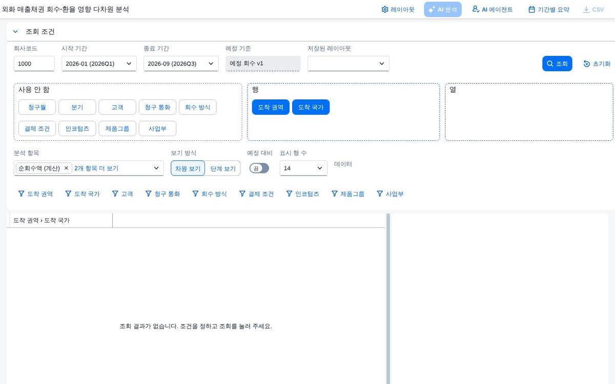 외화 매출채권 회수·환율 영향 다차원 분석 — 예정 대비 순회수액 차이를 요인으로 가르는 수출 채권 관리 화면