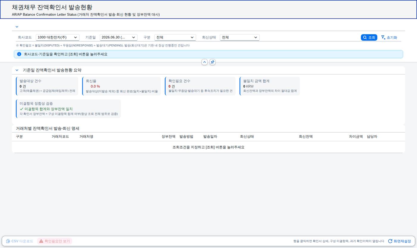 SAP 채권채무 잔액확인서 — 보냈는가, 회신이 왔는가, 금액은 맞는가 화면