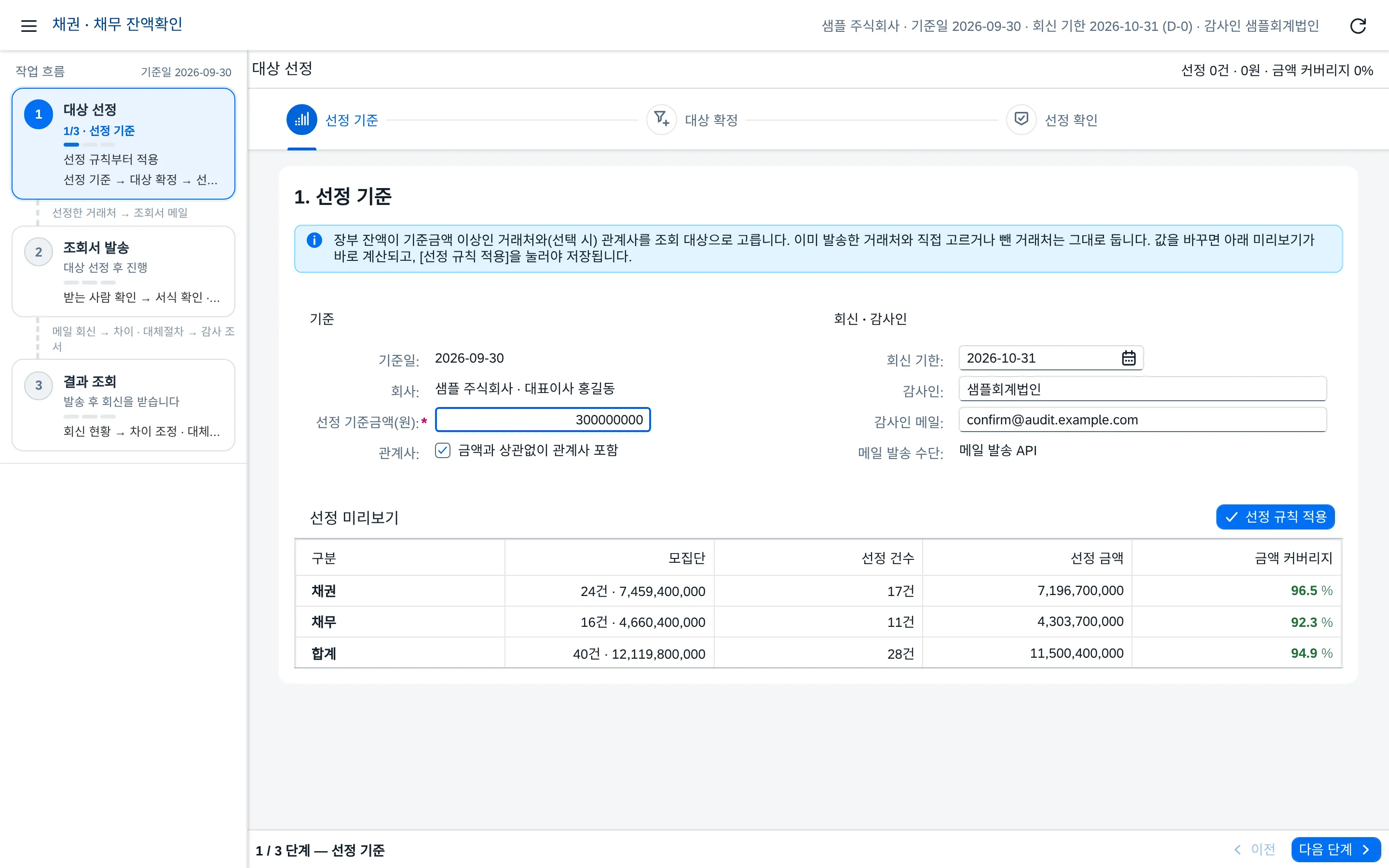 채권 · 채무 잔액확인 — 조회서 선정 · 발송 · 회신 차이 조정 · 대체절차부터 감사 조서와 수정 분개 제안까지 한 화면에서 화면