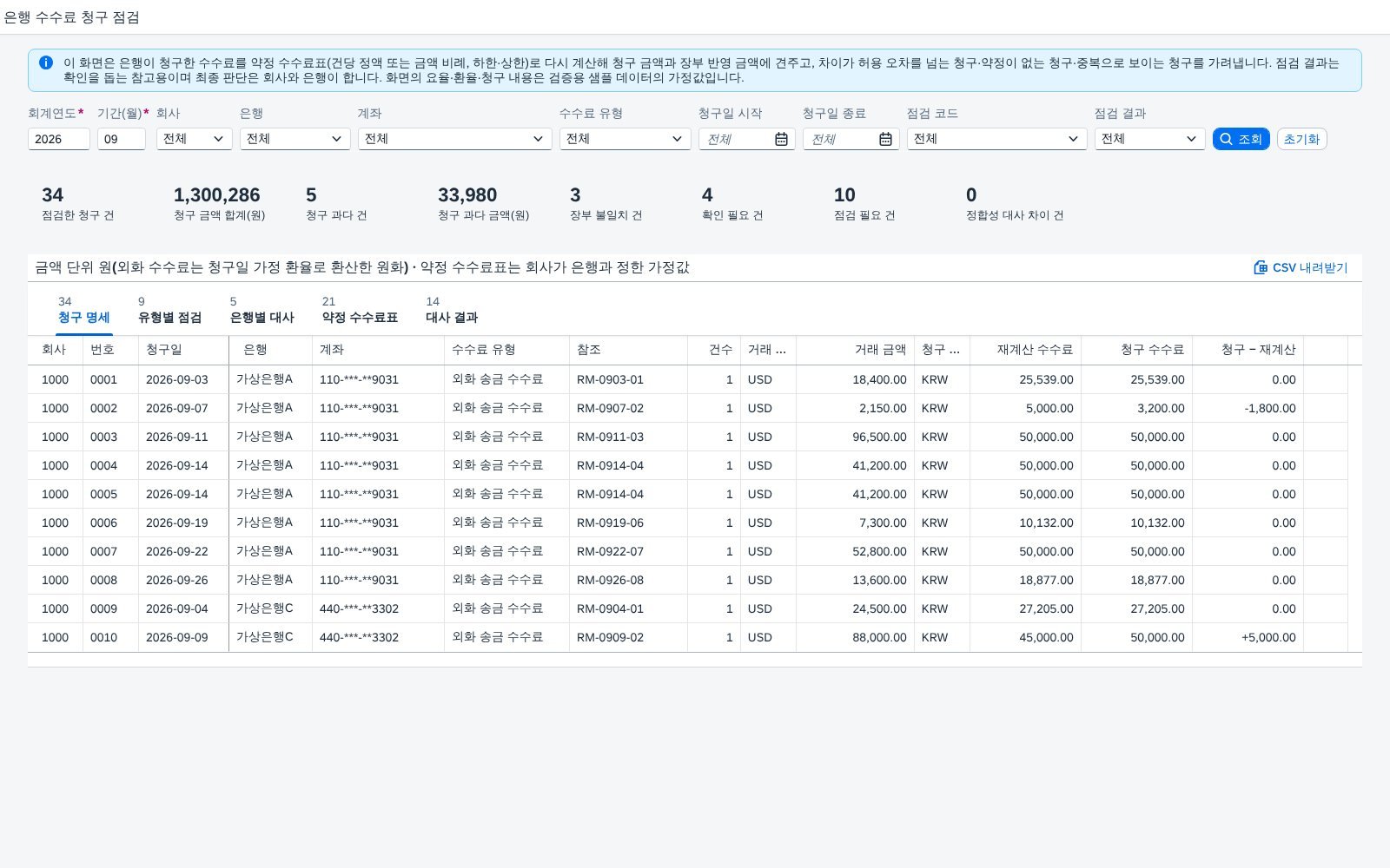 SAP 은행 수수료 청구 점검 — 은행이 청구한 수수료를 약정표로 다시 계산해 청구서와 장부에 견주는 월마감 화면