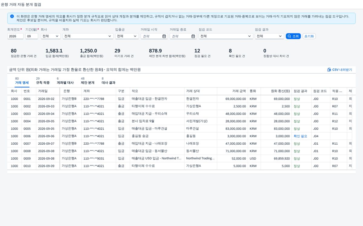 은행 거래 명세 자동 분개 점검 — 적요 규칙으로 상대 계정을 정하고 미기표·충돌·중복을 가려내는 월마감 자금 회계 화면