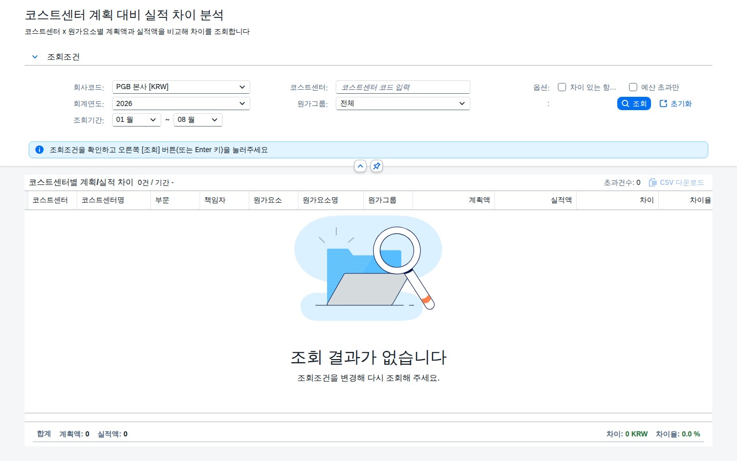 SAP 코스트센터 계획 대비 실적 차이 분석 — 편성한 예산에서 지금 얼마나 벗어났는가 화면