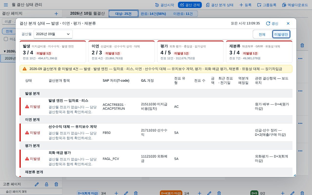 결산 분개 상태 — 미발생만 · 갱신