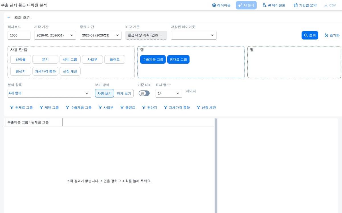 SAP 수출 관세 환급 다차원 분석 — 신청·수령·미환급 잔액과 계획 대비 차이 요인까지 한 화면에서 화면