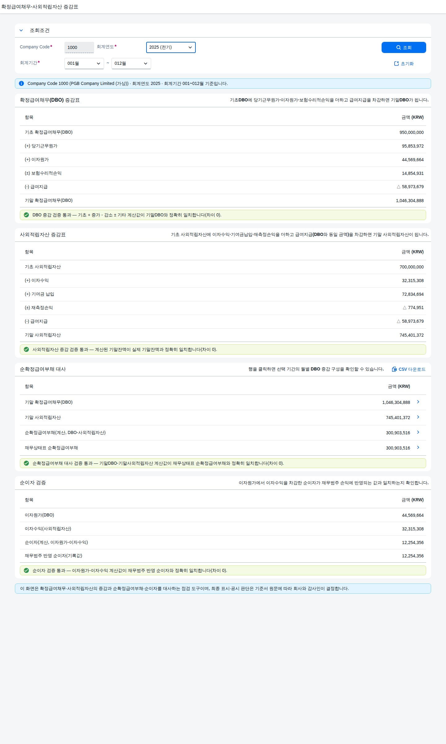 회계연도를 2025 전기로 전환한 화면, 4개 검증 모두 통과 유지