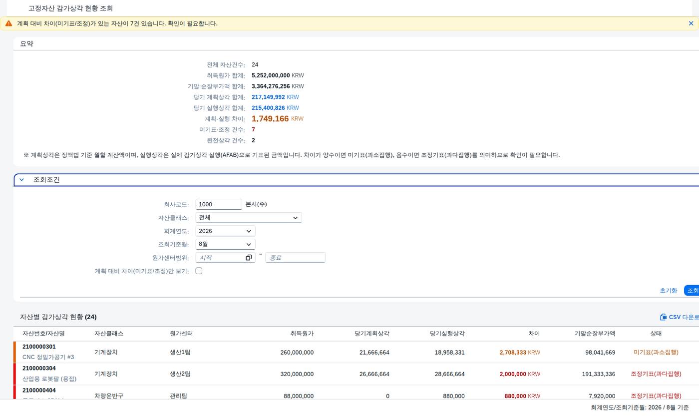 SAP 고정자산 감가상각 현황 조회 — 계획과 실적이 같은가 화면