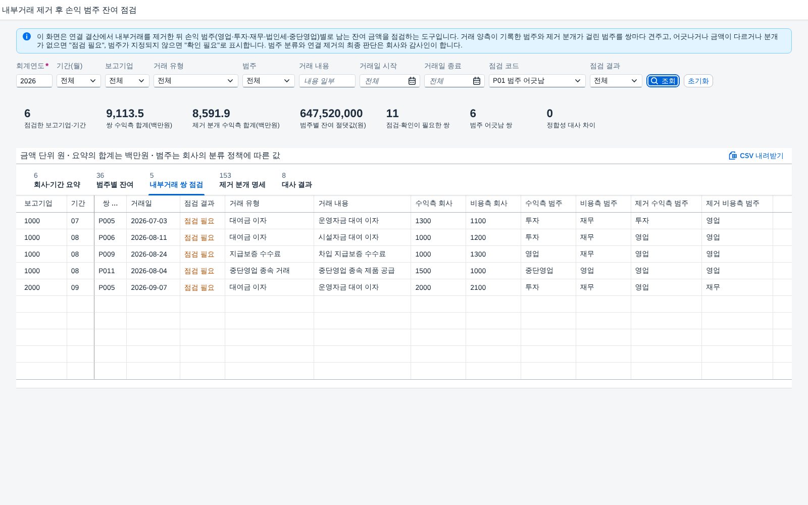 내부거래 쌍 점검 — 양측 범주와 제거 범주 내부거래 쌍 점검 — 양측 범주와 제거 범주