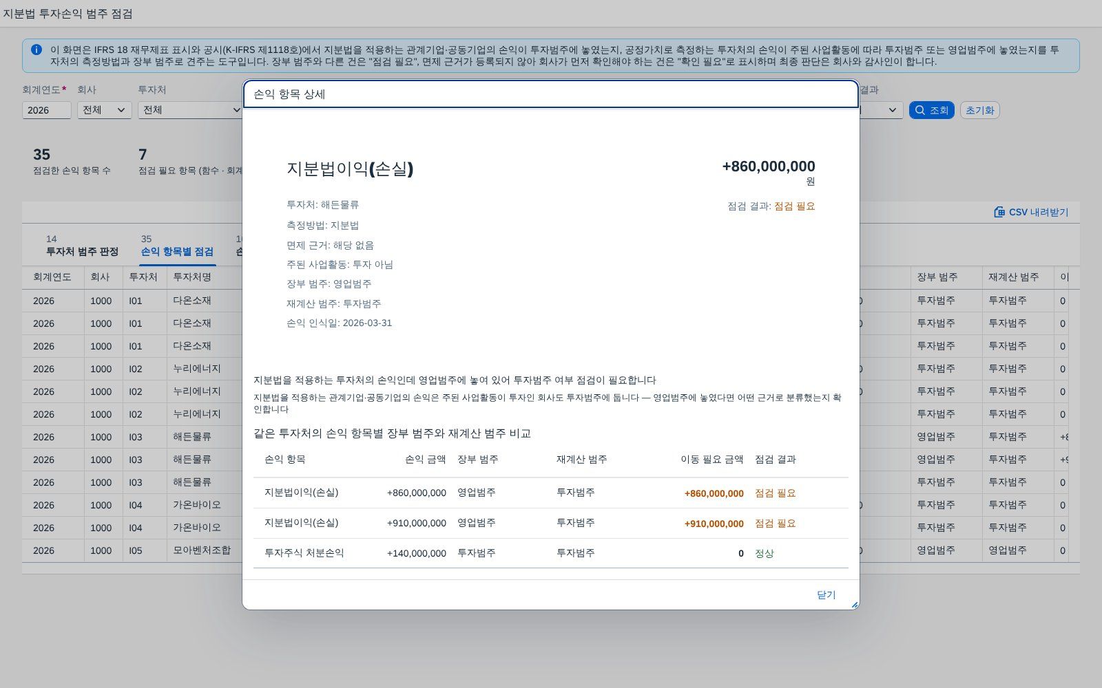 손익 항목 상세 팝업 손익 항목 상세 팝업