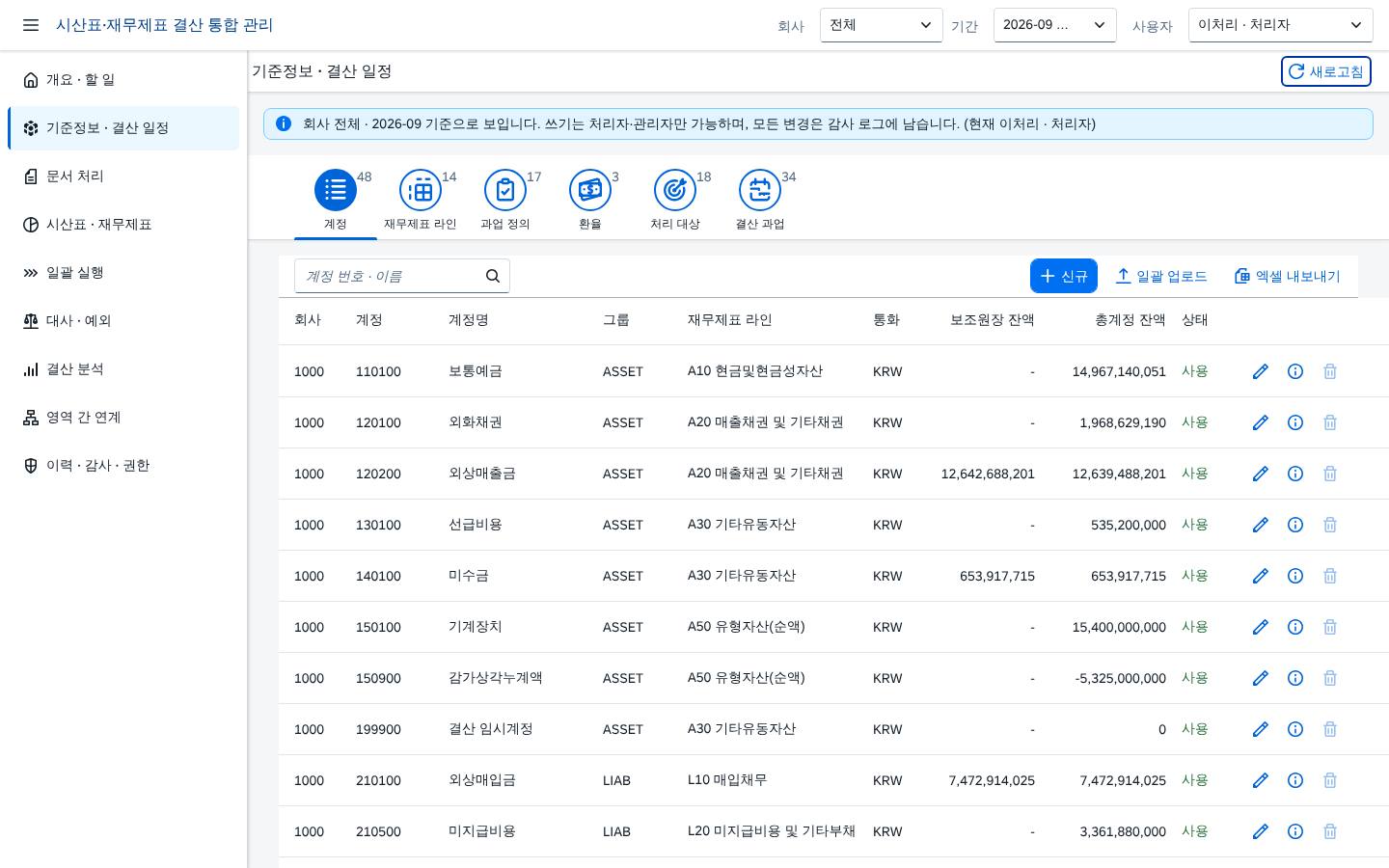 기준정보 관리 — 총계정 목록 기준정보 관리 — 총계정 목록