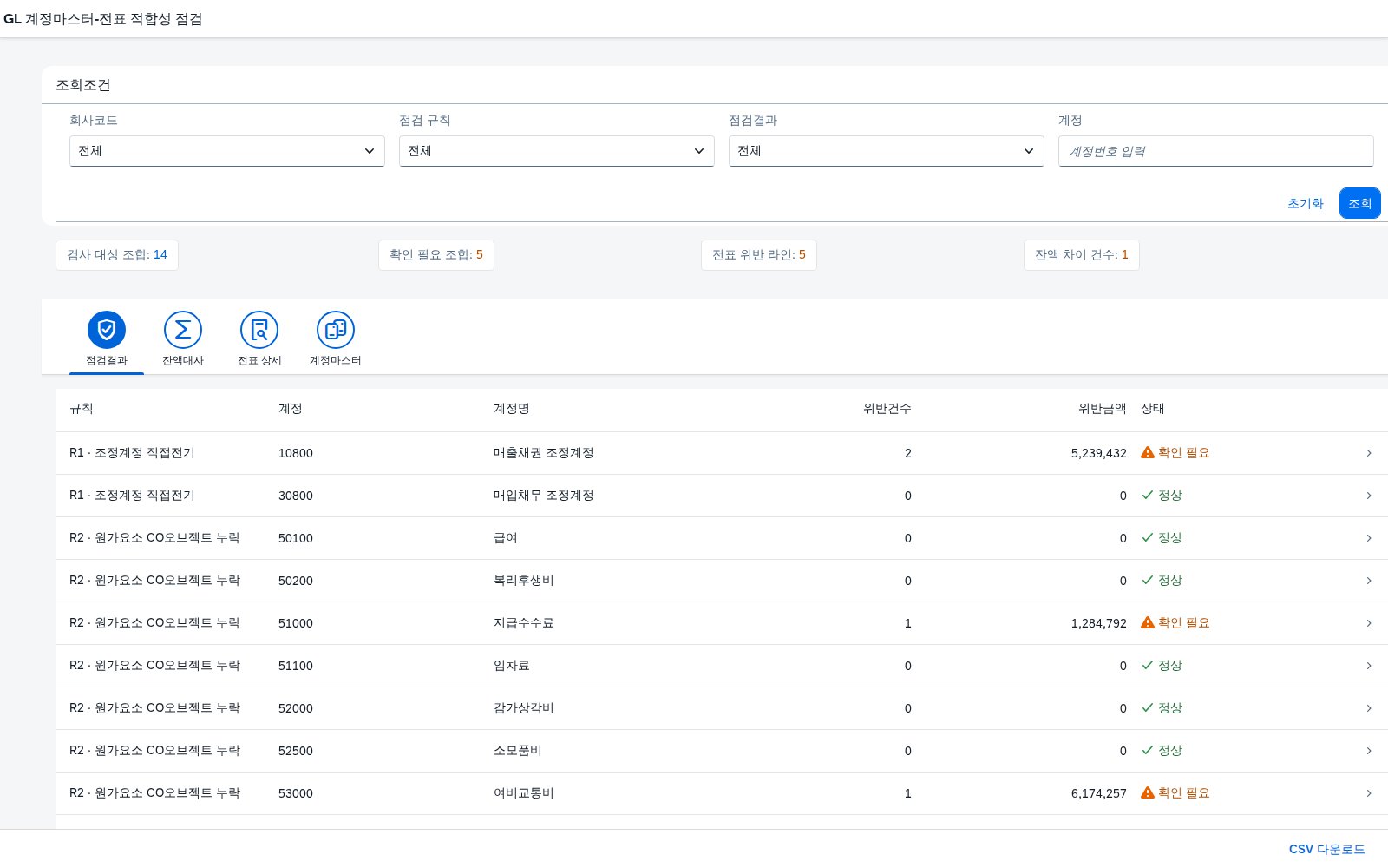 SAP GL 계정마스터-전표 적합성 점검 — 조정계정에 직접 전기된 라인은 없습니까 화면