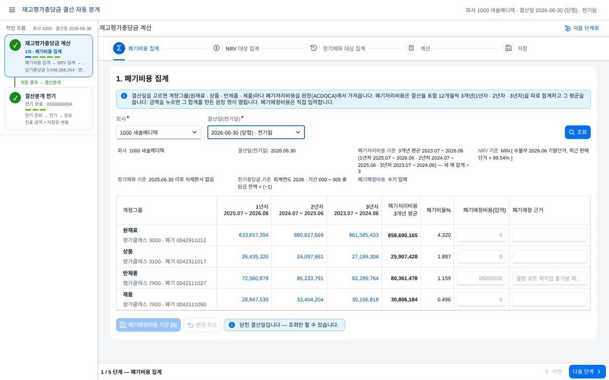 ① 폐기비용 집계 — 지난 결산일(닫힌 기간)