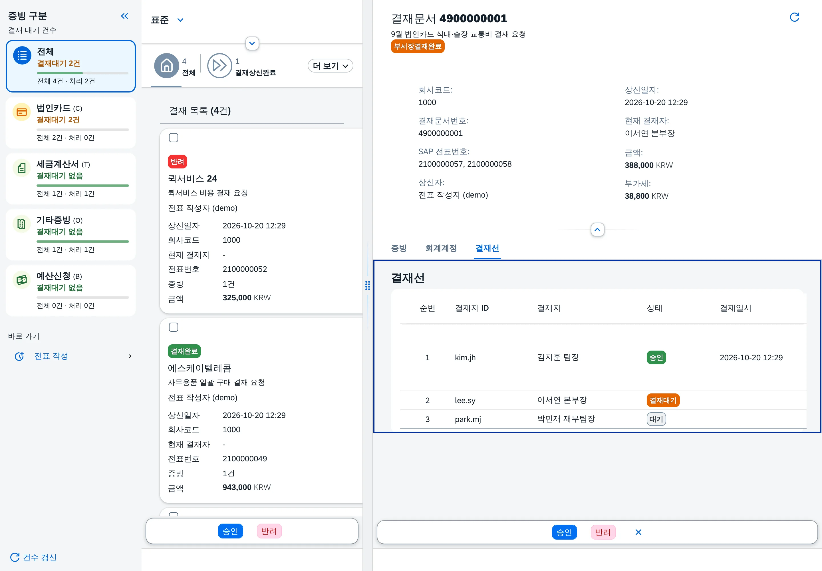 ⑤ 결재선 — 단계별 상태와 의견