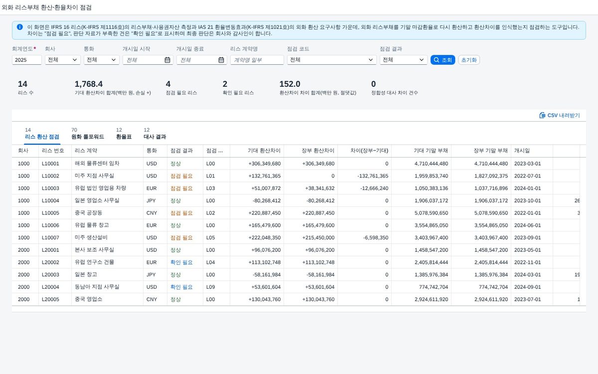SAP 외화 리스부채 환산 점검 — IFRS 16·IAS 21, 기말 마감환율로 다시 환산했는지 이자·리스료·사용권자산에 쓴 환율까지 다시 계산해 장부와 맞춰본다 화면