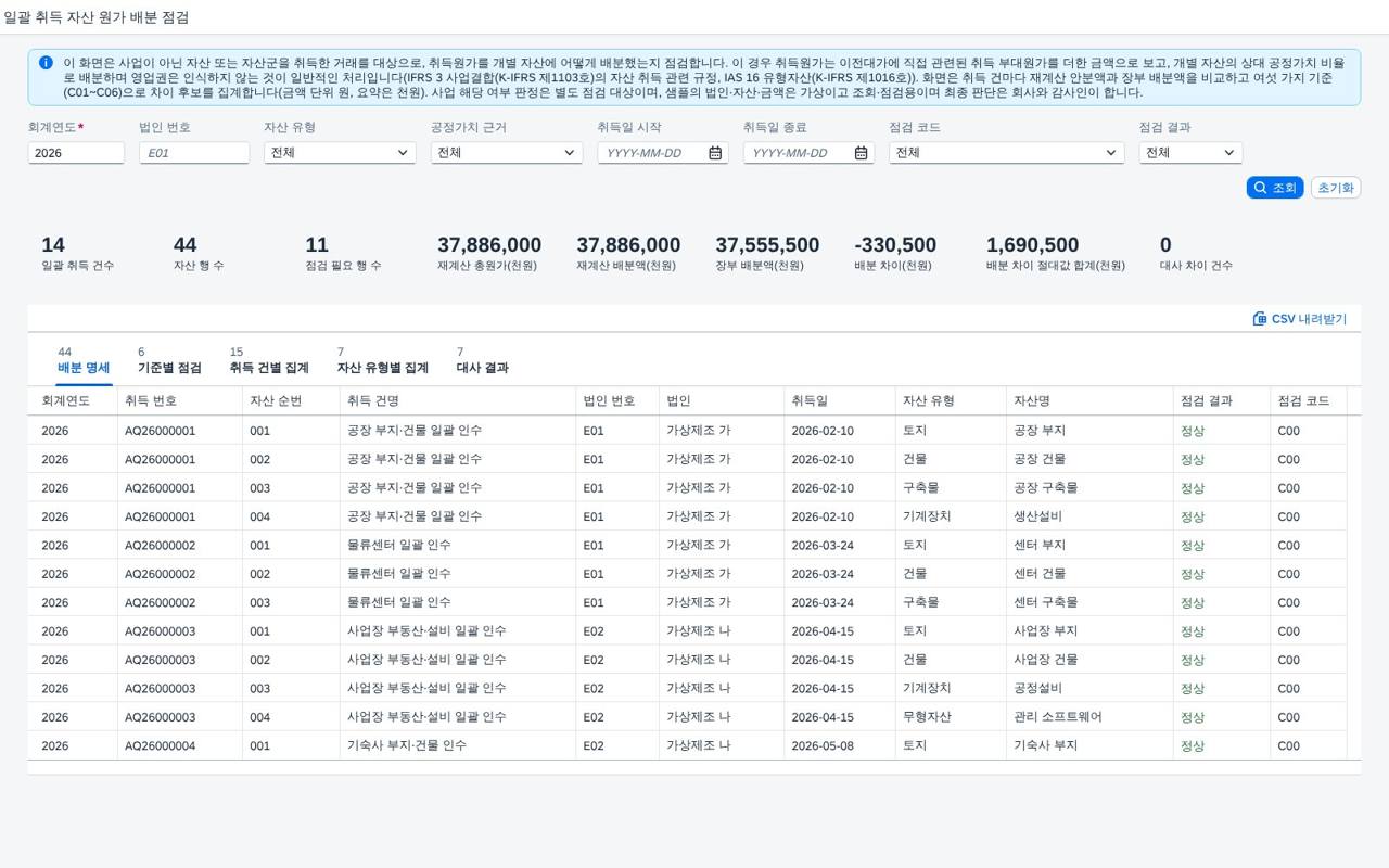 SAP 일괄 취득 자산 원가 배분 점검 — IFRS 3·IAS 16, 한 번에 사 온 자산의 총원가를 상대 공정가치로 나눴는지 다시 계산해 장부와 대조한다 화면