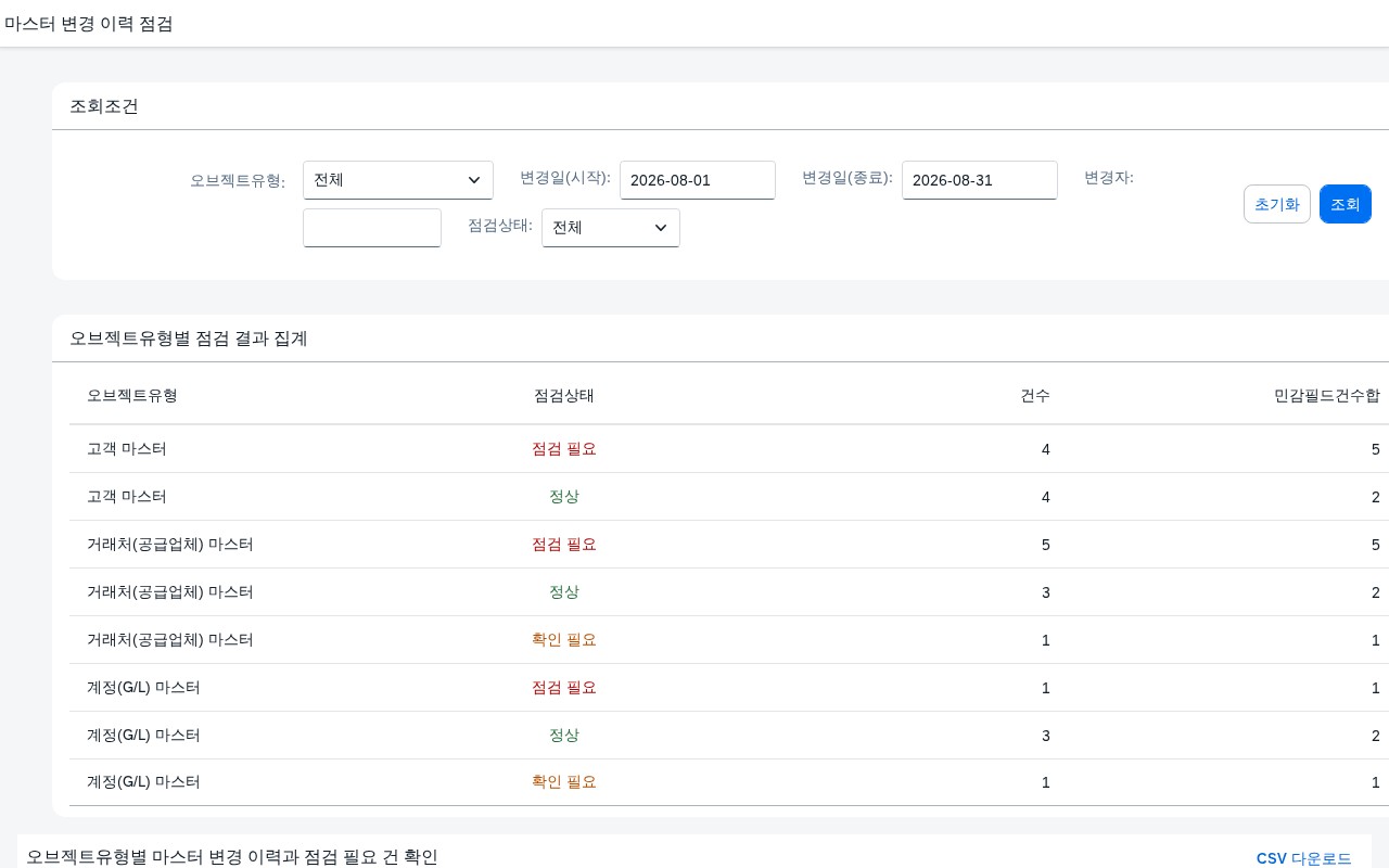 SAP 마스터 변경 승인 이력 점검 — 바뀐 기록마다 결재와 반복 여부가 따라붙는가 화면
