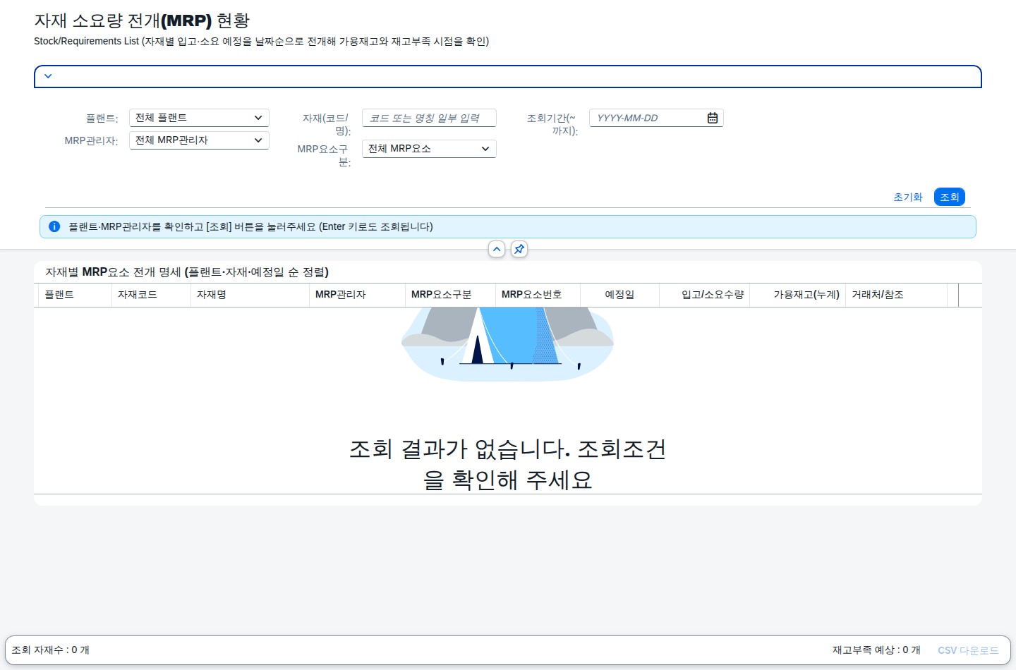 SAP 자재 소요량 전개(MRP) 현황 — 재고가 마이너스로 떨어지는 날을 미리 본다 화면