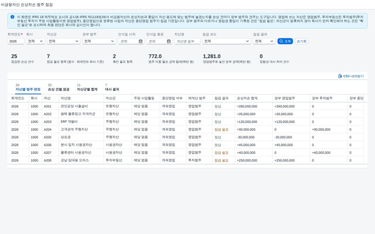 SAP 비금융자산 손상차손 범주 점검 — IFRS 18 에서 손상 손익이 맞는 범주에 놓였는지 장부와 다시 견주는 화면 화면