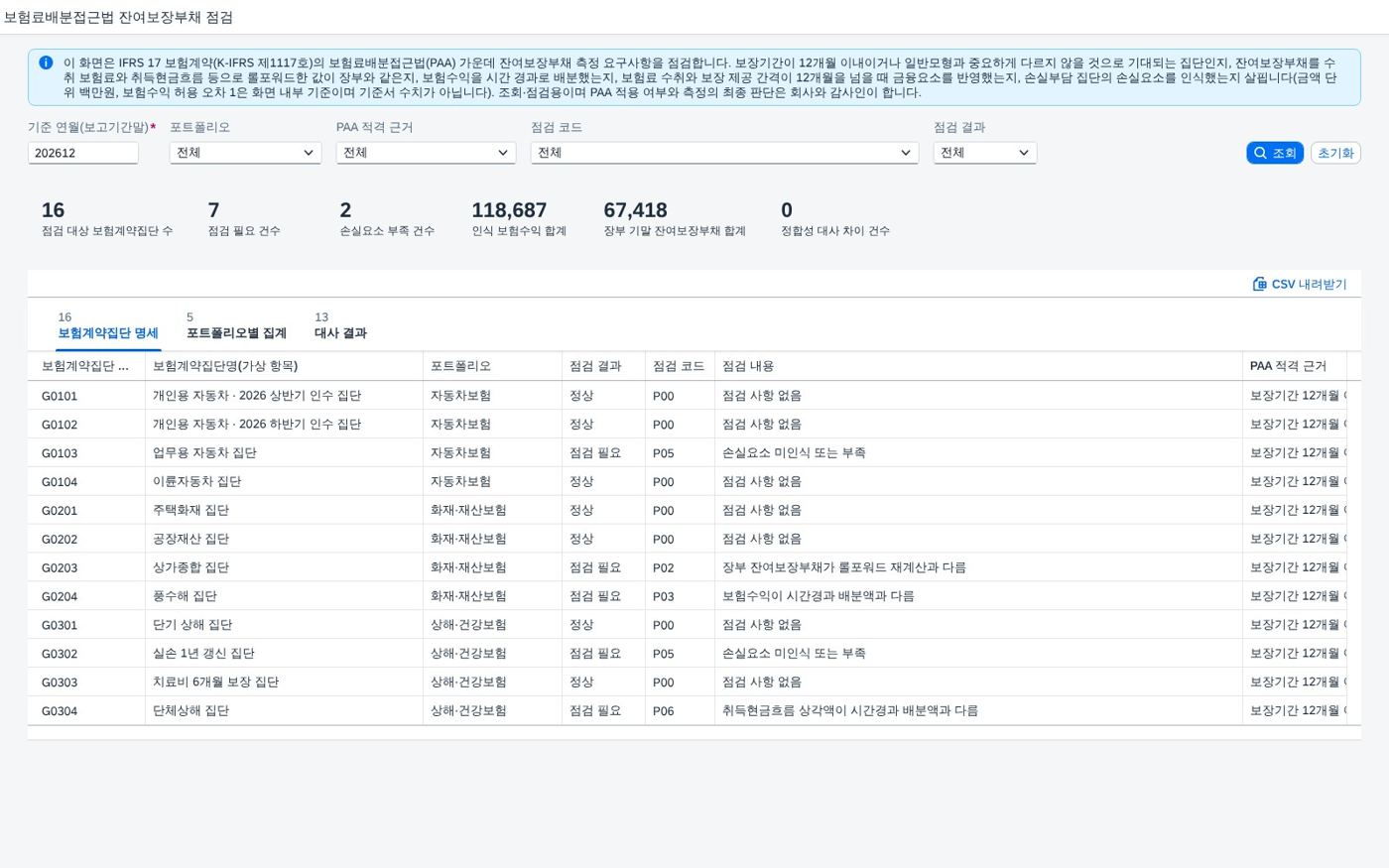 SAP 보험료배분접근법 잔여보장부채 점검 — IFRS 17, 수취 보험료에서 보험수익 배분까지 굴려 본 잔여보장부채를 장부와 맞춰본다 화면