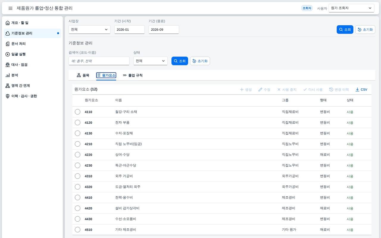 원가요소 기준정보 — 변동·고정 행태