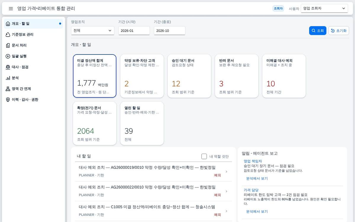 SAP 영업 가격·리베이트 통합 관리 — 가격 요청에서 정산까지 한 앱에서 처리하고 숫자까지 점검하는 영업 마감 화면