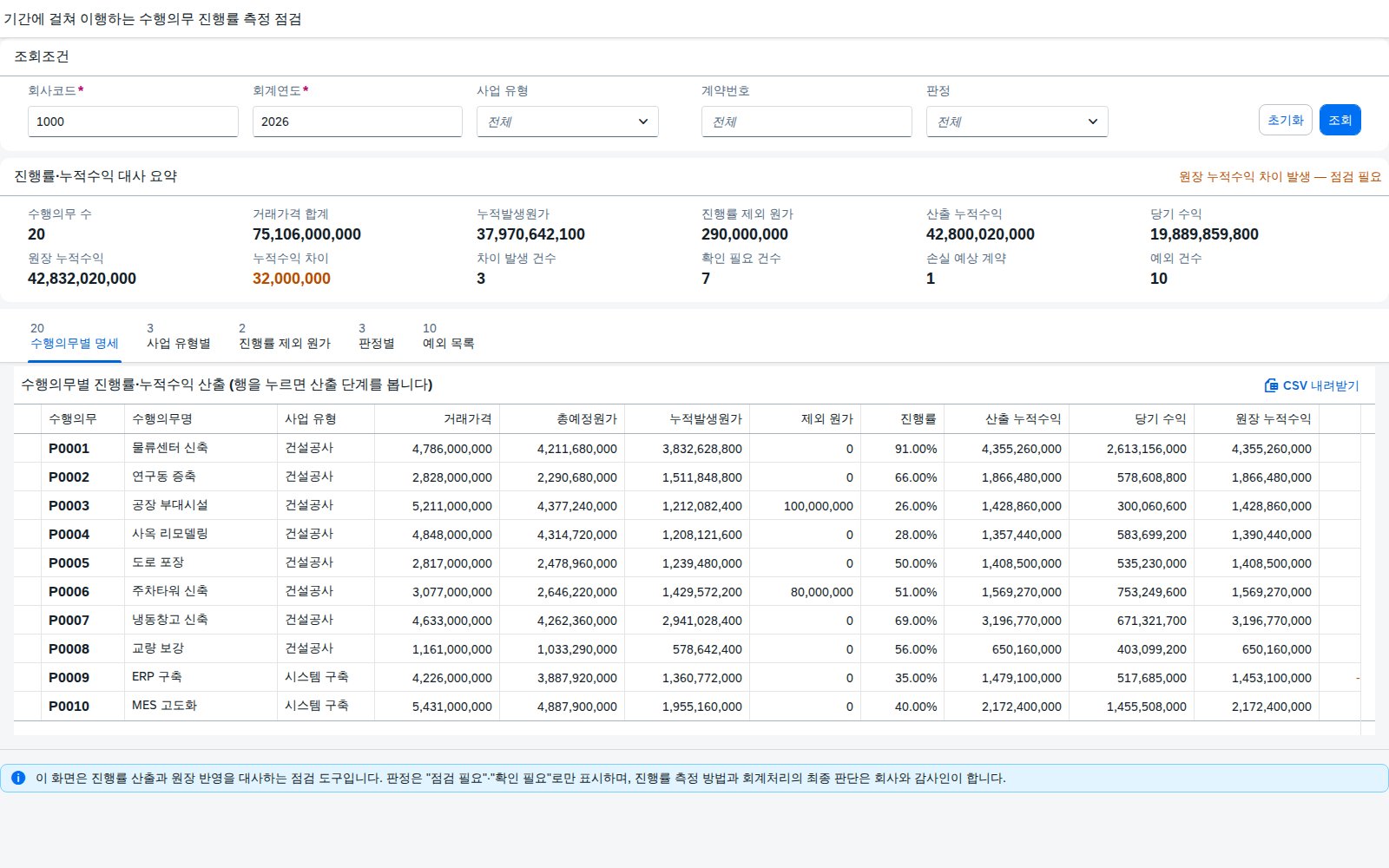 SAP 수행의무 진행률 측정 점검 — IFRS 15, 진행률에 넣지 말아야 할 원가부터 걸러낸다 화면
