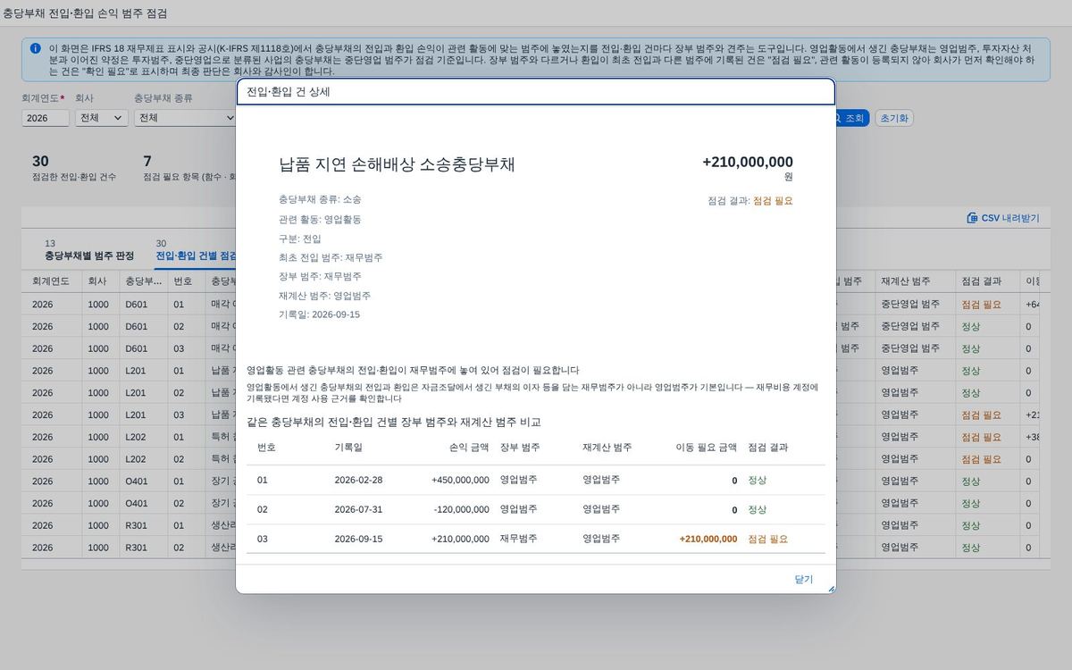 행을 눌러 본 상세 — 점검 근거와 같은 충당부채의 건별 비교 행을 눌러 본 상세 — 점검 근거와 같은 충당부채의 건별 비교