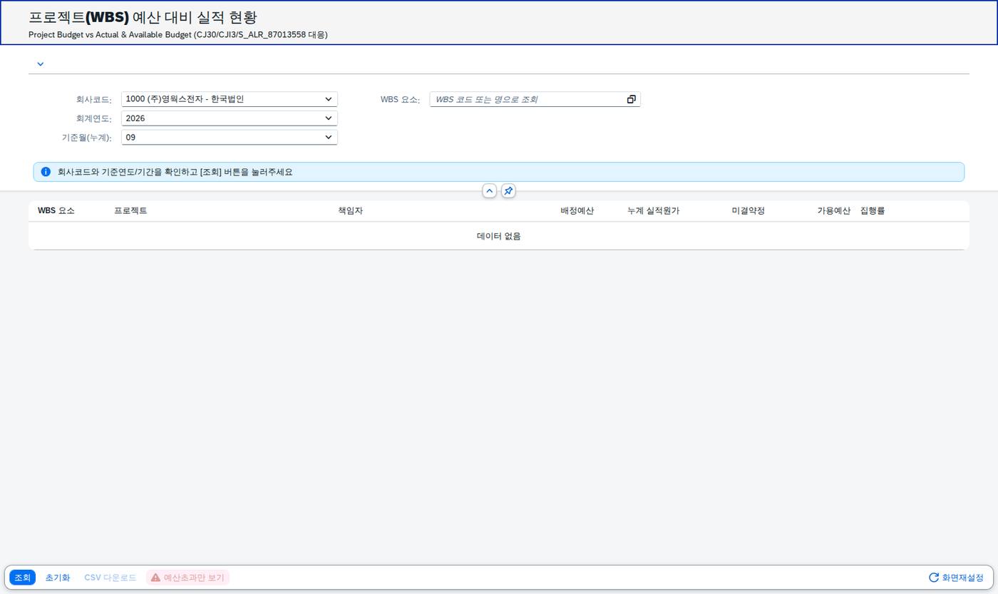 SAP 프로젝트(WBS) 예산 대비 실적 — 남은 돈으로 끝낼 수 있는가 화면