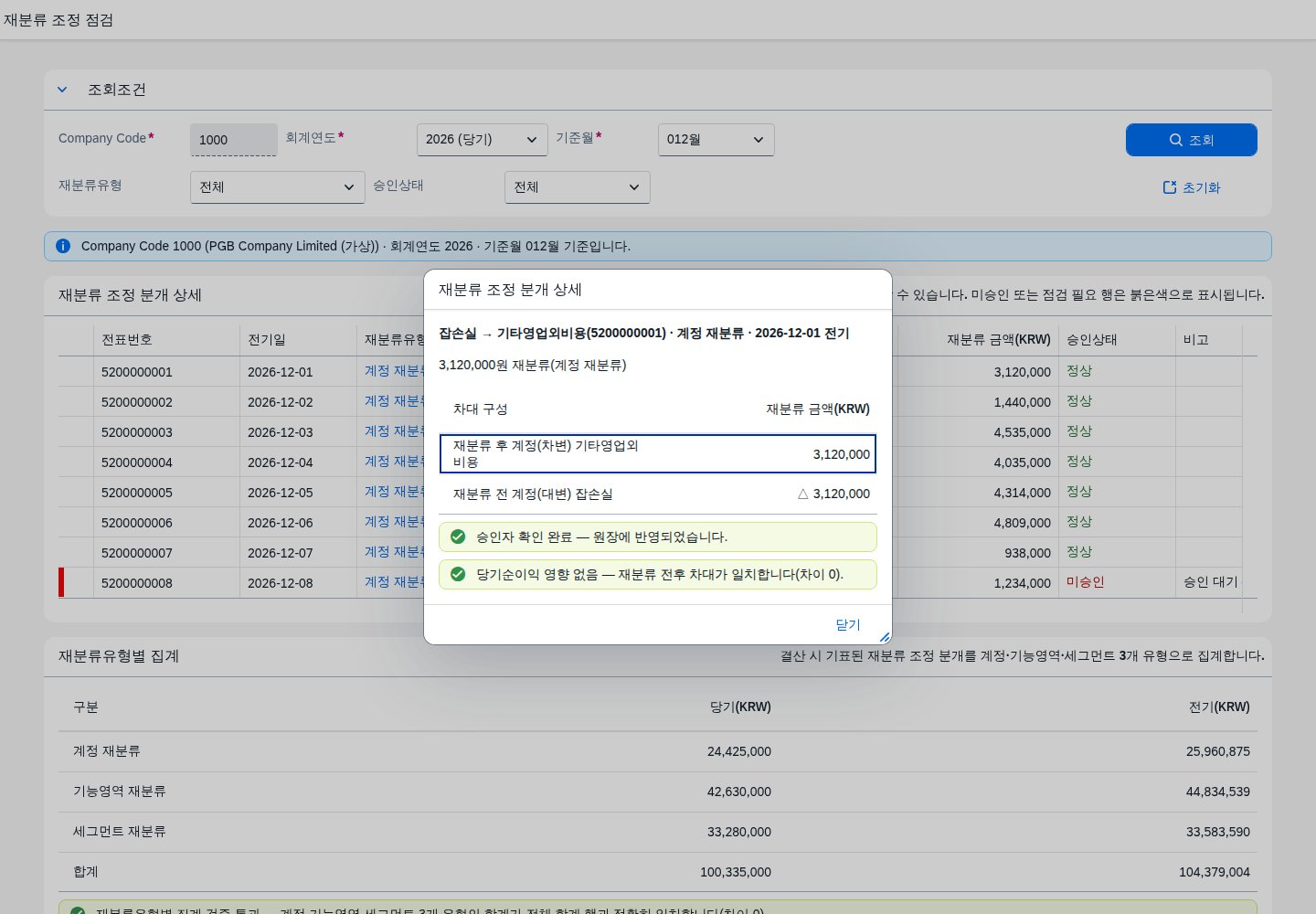 재분류 조정 분개 상세 행 클릭 시 뜨는 재분류 전후 차대 구성과 당기순이익 영향 점검 다이얼로그