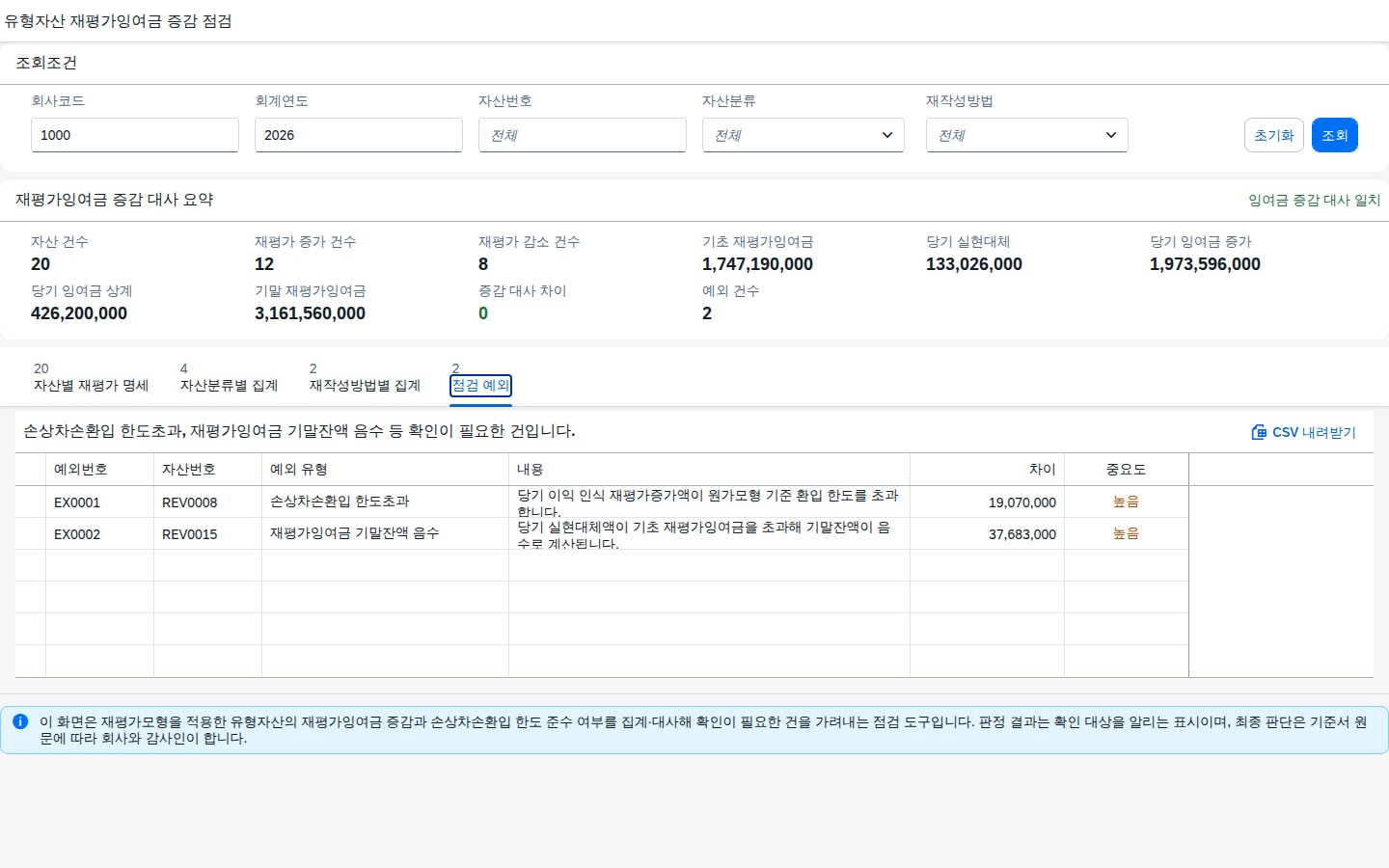 손상차손환입 한도초과·재평가잉여금 음수 등 점검 예외 화면