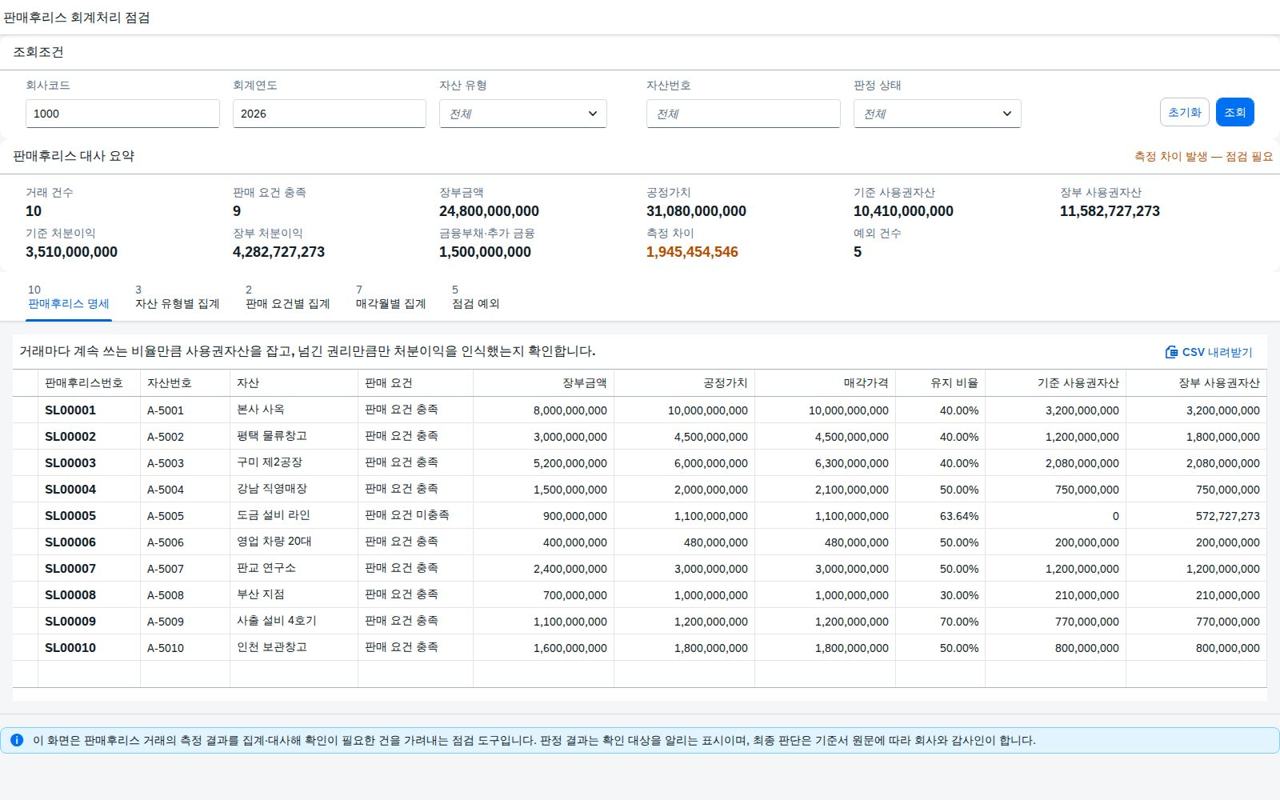 SAP 판매후리스 회계처리 점검 — IFRS 16, 팔았지만 계속 쓰는 만큼은 이익이 아니다 화면