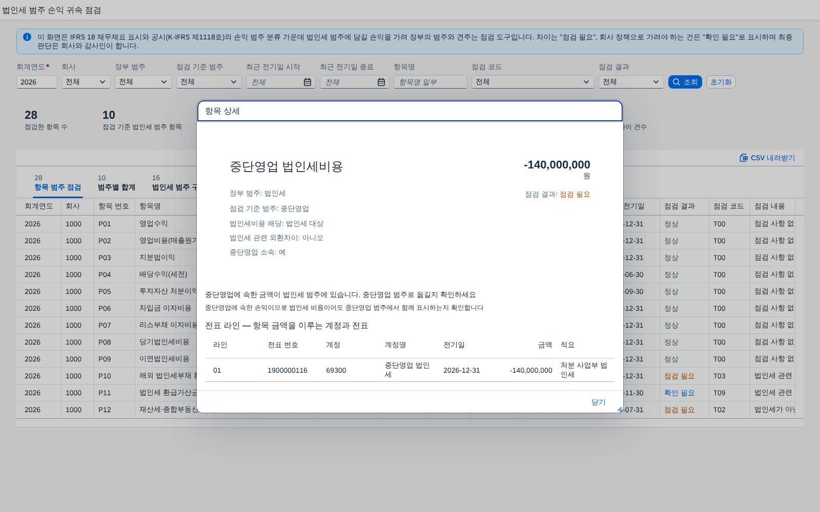 항목 상세 — 점검 기준 근거와 전표 라인
