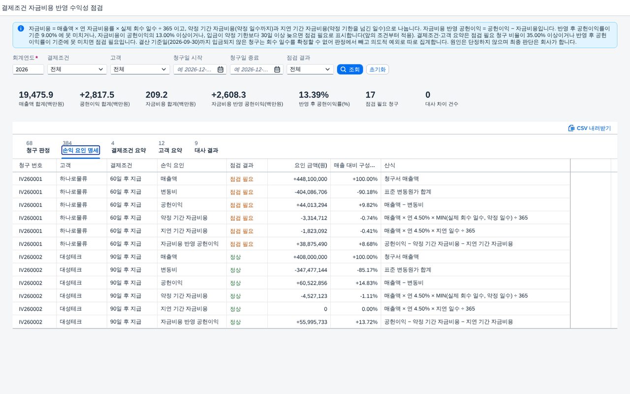 손익 요인 명세 탭 손익 요인 명세 탭