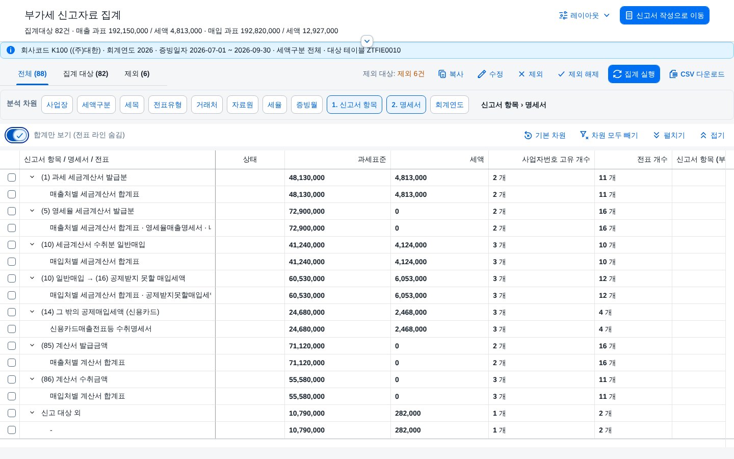 부가세 신고자료 집계 — 신고서 항목 · 명세서 차원 부가세 신고자료 집계 — 신고서 항목 · 명세서 차원