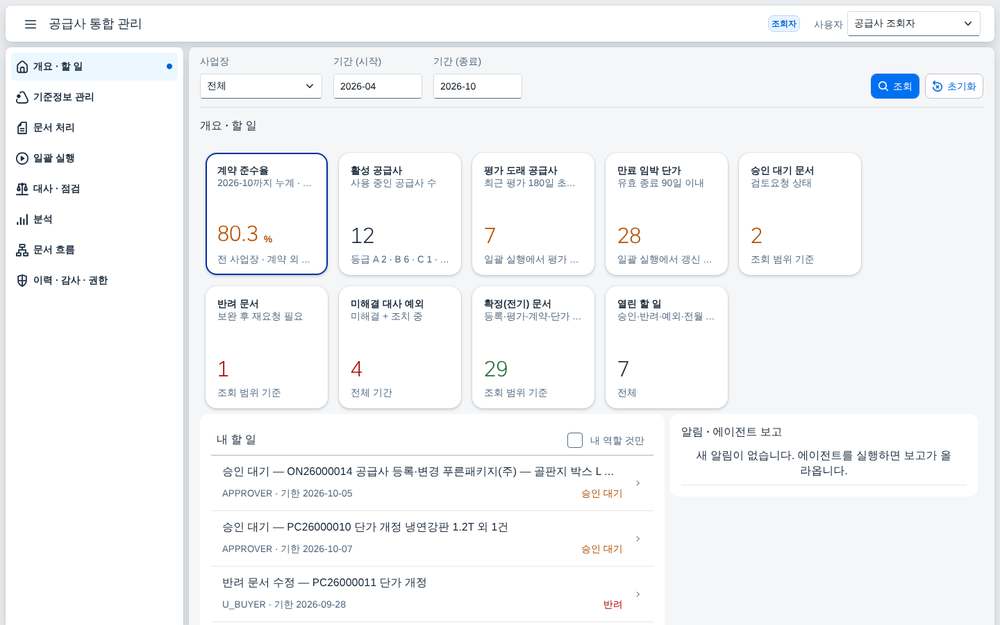 SAP 공급사 통합 관리 — 등록·평가·계약·단가를 한 앱에서 처리하고 승인하고 대사하는 구매 운영 화면