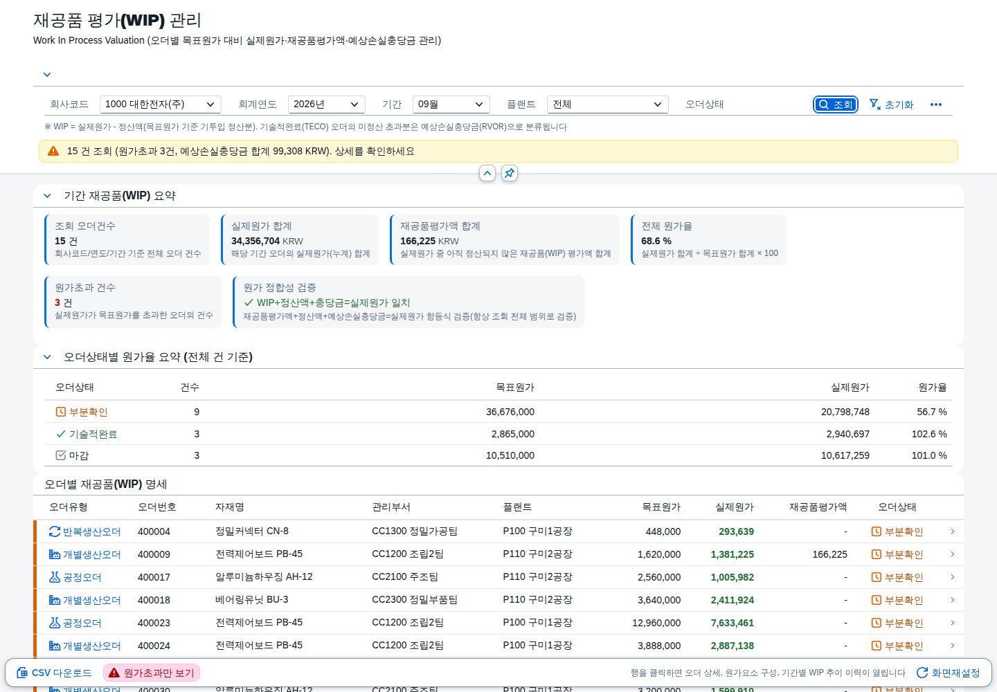 SAP 재공품 평가(WIP) — 아직 안 끝난 오더에 얼마가 묶여 있나 화면